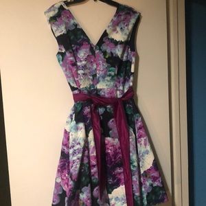 Eliza J Floral Dress with Purple Sash